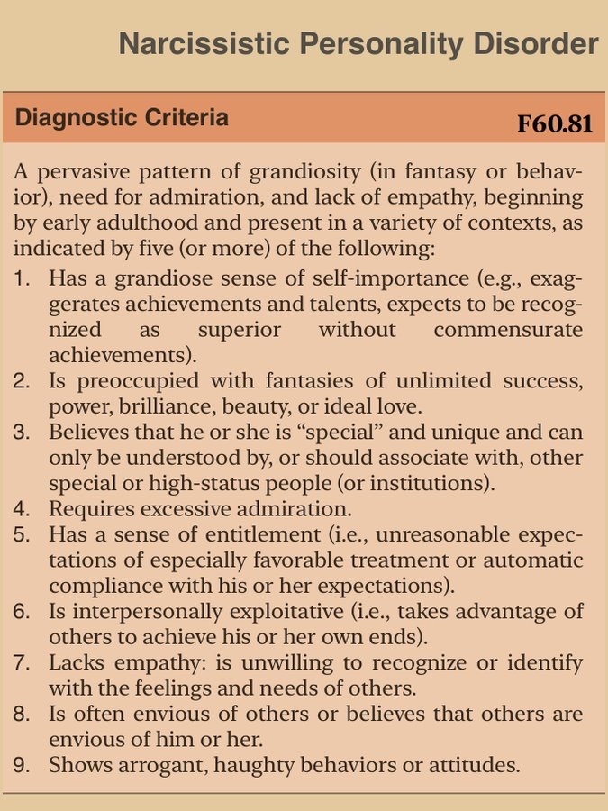 GeoffBrown82's tweet photo. These are the criteria for Narcissistic Personality and Antisocial Personality disorders from the Diagnostic Statistical Manual for Mental Disorders (DSM). Donald, please let us know which of these criteria do not fit you. #TheShoeFits @realDonaldTrump #TweetTheDSMatTrump https://t.co/iuDQMyooMm