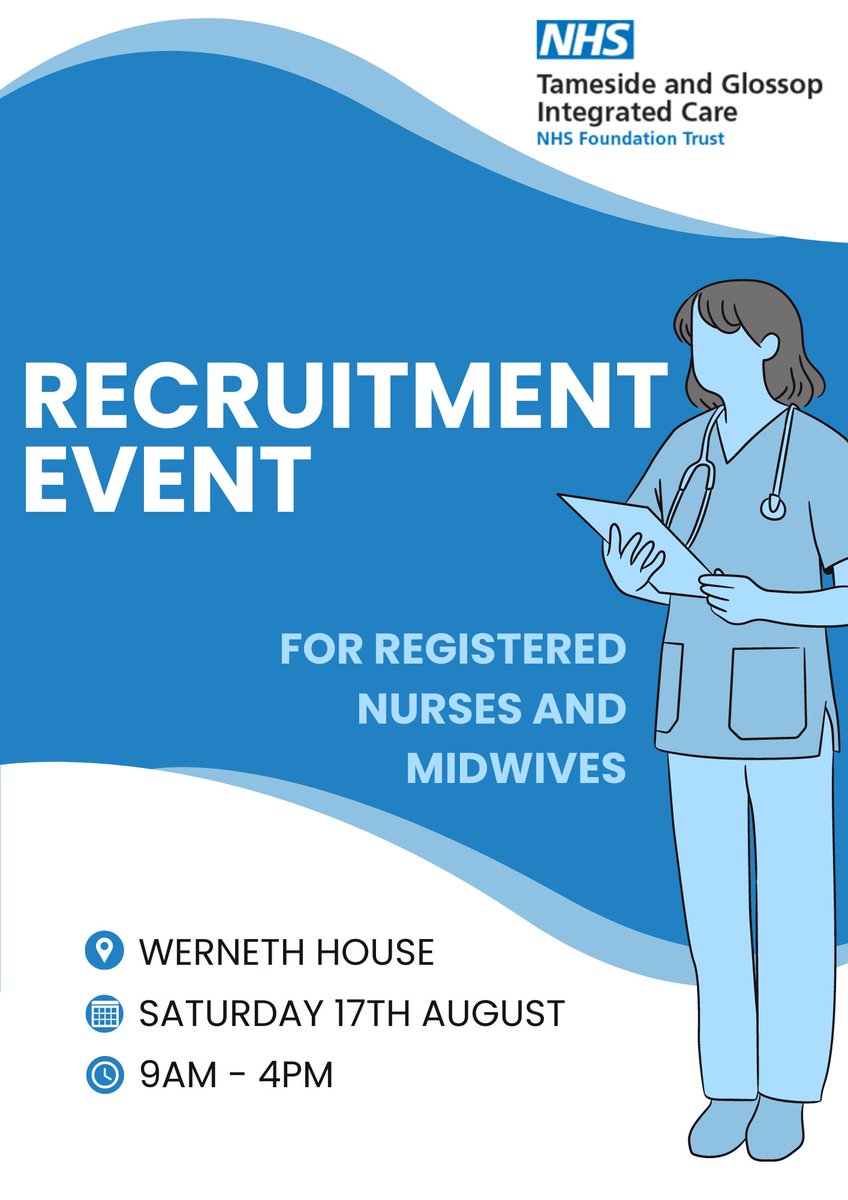 tandgicft's tweet image. We are holding a recruitment event for nurses and healthcare assistants this Saturday (17 August) 🤗

Join us from 9am-4pm in Werneth House, Fountain Street. No pre-registration required ✅