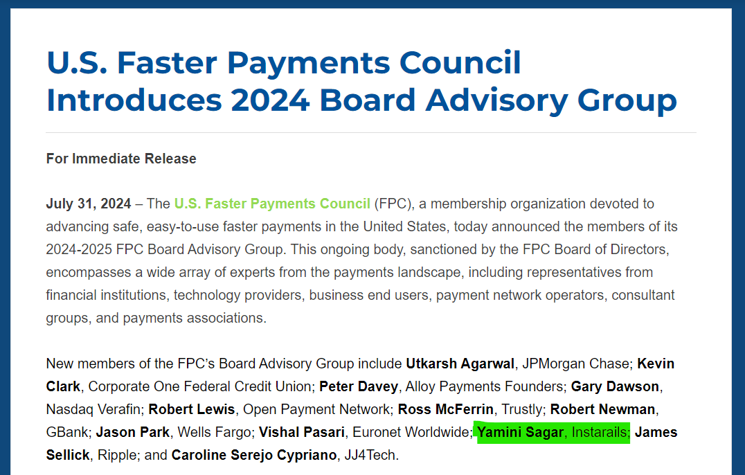 🚀 Exciting news! The U.S. Faster Payments Council introduces its 2024 Board Advisory Group, and we're thrilled to announce that @YaminiSagar, CEO of <a href="/instarailspay/">Instarails</a>, is an esteemed member!  
Source: <a href="/Faster_Payments/">Faster Payments Council</a> fasterpaymentscouncil.org/blog/13808/U-S…