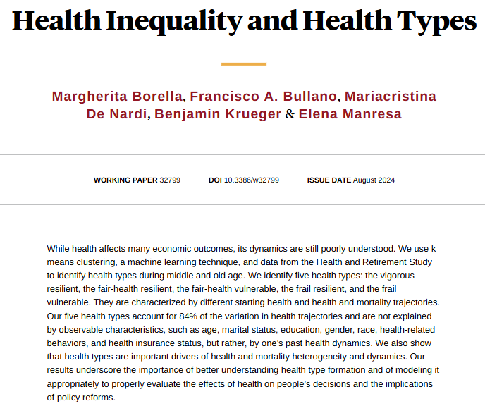 NBER (@nberpubs) on Twitter photo Using k-means clustering, a machine learning technique, and data from the Health and Retirement Study to characterize health during middle and old age, from <a href="/marghe__borella/">Margherita Borella</a>, <a href="/franbullano/">Francisco Bullano</a>, <a href="/M_De_Nardi/">Mariacristina De Nardi</a>, @benkrue01288664, and Elena Manresa nber.org/papers/w32799 Using k-means clustering, a machine learning technique, and data from the Health and Retirement Study to characterize health during middle and old age, from <a href="/marghe__borella/">Margherita Borella</a>, <a href="/franbullano/">Francisco Bullano</a>, <a href="/M_De_Nardi/">Mariacristina De Nardi</a>, @benkrue01288664, and Elena Manresa nber.org/papers/w32799