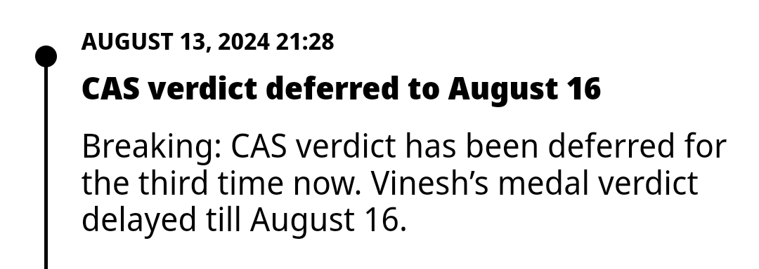 dp_rake's tweet photo. Vinesh Phogat will have to wait to learn about her medal fate as the CAS has delayed the final verdict in her disqualification case for the 3rd time. The date of the verdict now 16th August (6 PM France Time, 9:30 PM IST).
#vineshphogat
#Silver https://t.co/JoDfkuncX3