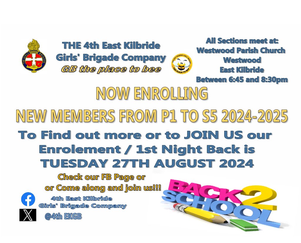 School starting so why not join something new this year, here at the 4th East Kilbride Girls’ Brigade Company, we have space for P1 to P3 Explorer Section, P4 to P7 Junior Section and S1 to S5 Brigader Section so if your aged between this come along on TUESDAY 27TH AUGUST 2024.