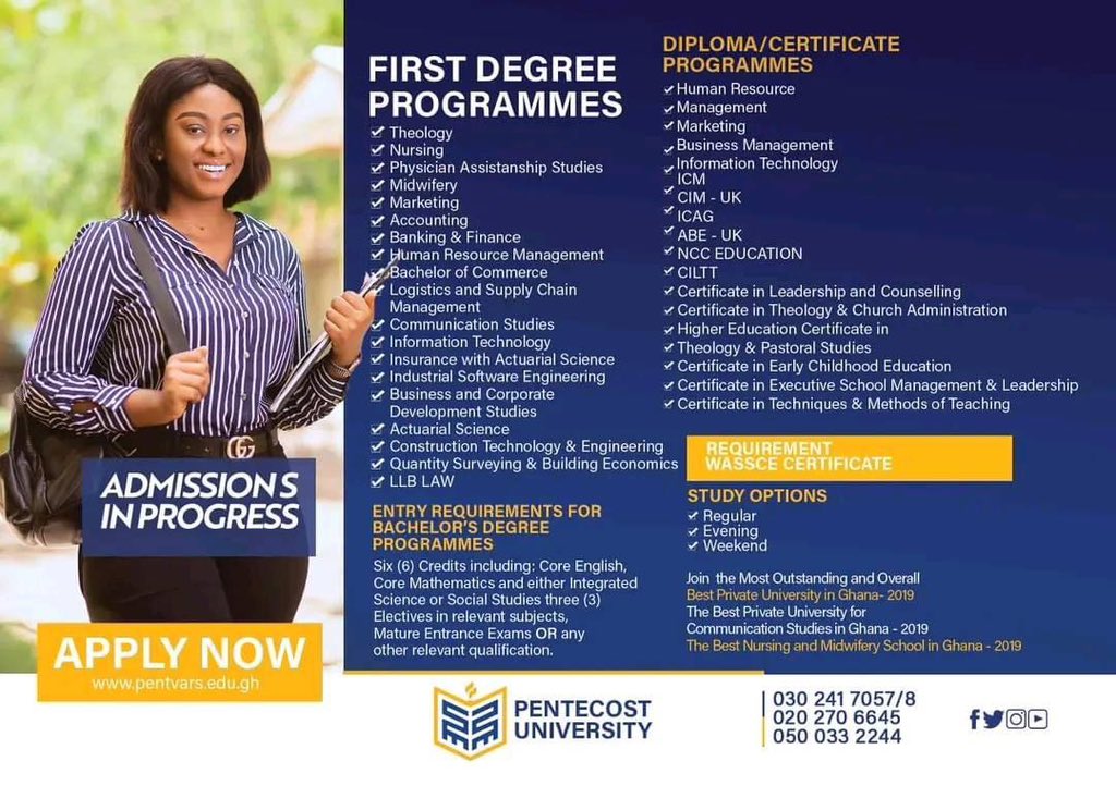 Pentecost University continues to accept applications for admission into our various masters and undergraduate programmes. Please log on to pentvars.edu.gh and apply online. The application form is free!