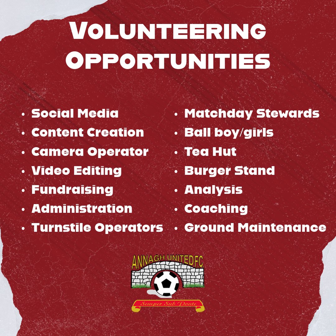🔴⚪ 𝗩𝗼𝗹𝘂𝗻𝘁𝗲𝗲𝗿𝗶𝗻𝗴 ⚪🔴

Our club couldn't function without the help of our volunteers👏🏼

If you have time to help out with any of the duties below - please get in touch

💬DM us
📧aufcsecretary409@gmail.com
📱Message: 07729 284 096
🗣️Speak to a club official

🔴⚪⚽