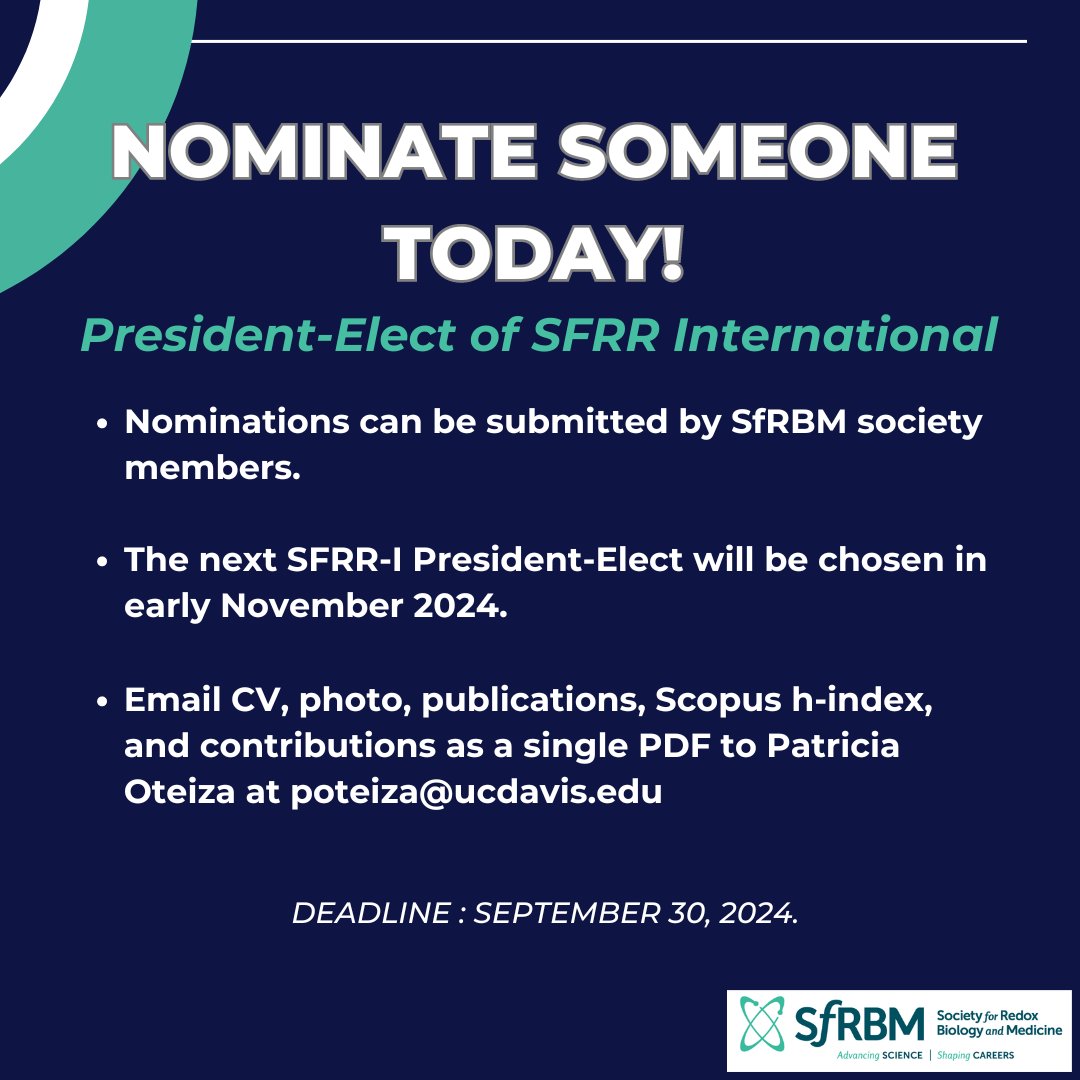 SFRR-International is seeking candidates for the next President-Elect, starting January 2025. SfRBM society members can submit nominations by Sept 30, 2024. bit.ly/4dk5aAj
