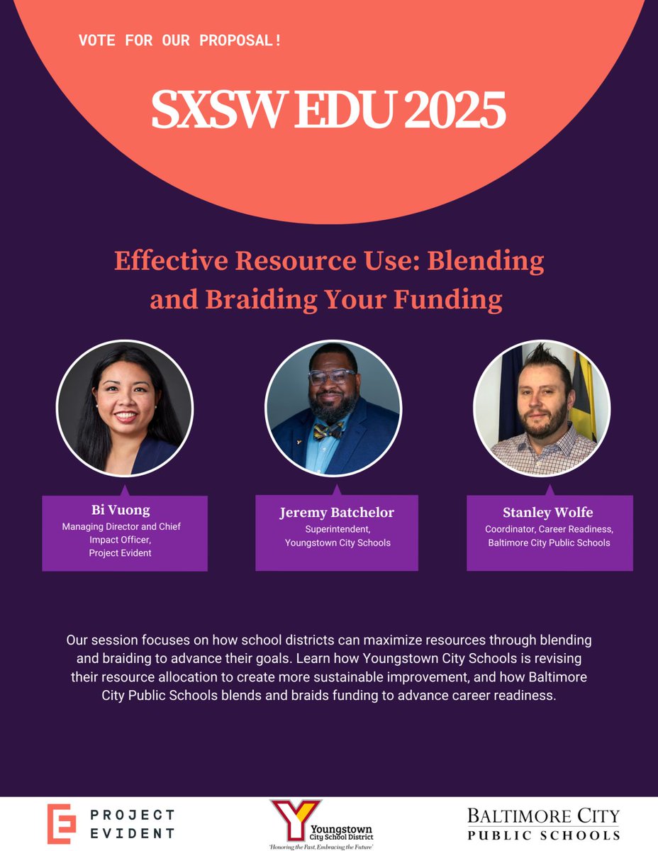 Project Evident (@project_evident) on Twitter photo 📢 Calling all education advocates! We need your support to vote for our #SXSWEDU2025 panel on how <a href="/BaltCitySchools/">Baltimore City Public Schools</a> and <a href="/YtownSchools/">Youngstown Schools</a> blended and braided resources to maximize their existing funding to create sustainable programming. Cast your vote here: panelpicker.sxsw.com/vote/154937. 📢 Calling all education advocates! We need your support to vote for our #SXSWEDU2025 panel on how <a href="/BaltCitySchools/">Baltimore City Public Schools</a> and <a href="/YtownSchools/">Youngstown Schools</a> blended and braided resources to maximize their existing funding to create sustainable programming. Cast your vote here: panelpicker.sxsw.com/vote/154937.