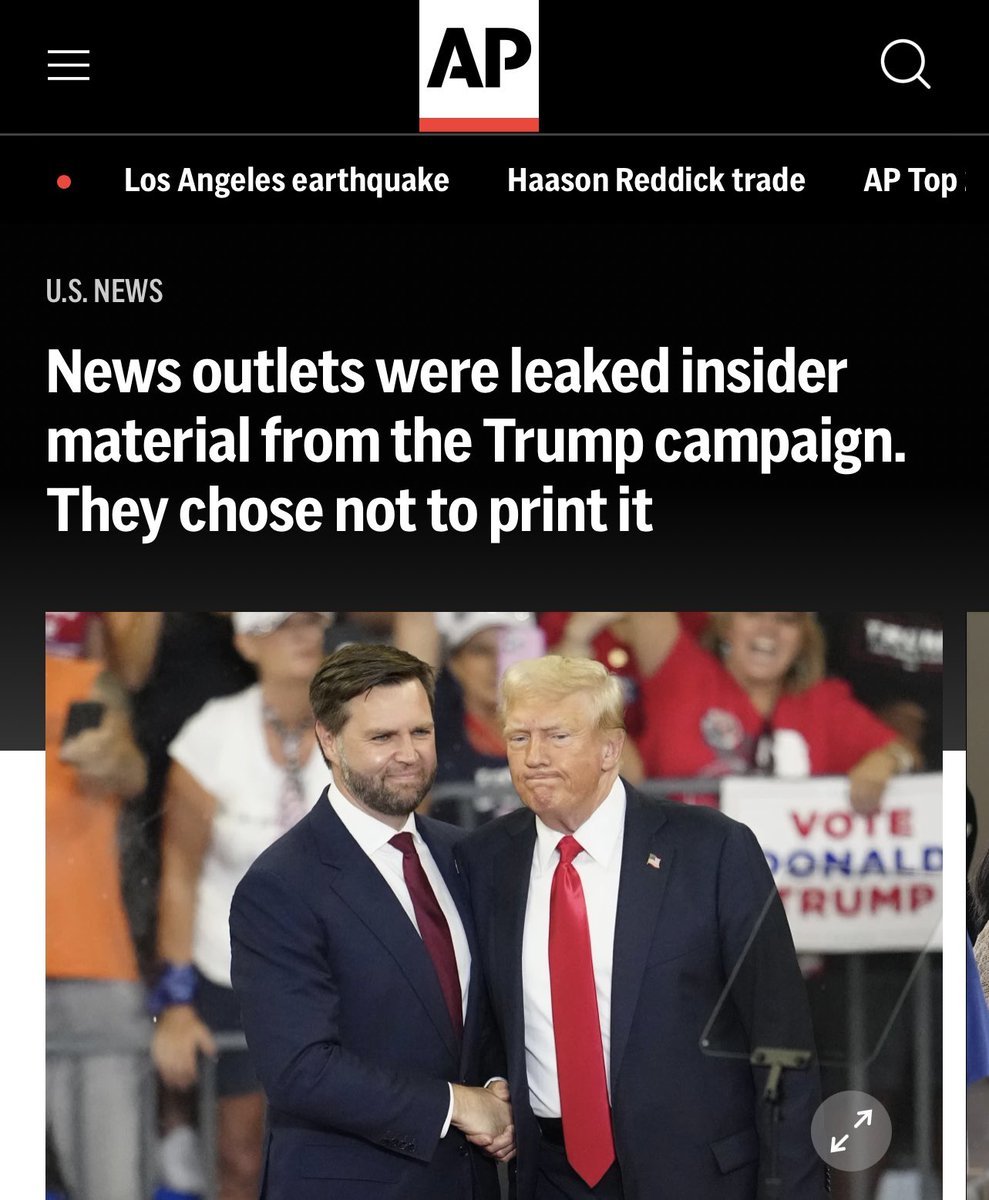 ReallyAmerican1's tweet photo. Anyone else find it peculiar that The New York Times, Politico, and The Washington Post would all DECLINE to publish potentially embarrassing hacked materials provided to them from the Trump campaign...
...especially when Hillary Clinton's campaign was savaged by hacked and leaked materials in her 2016 campaign against Trump? 🤚