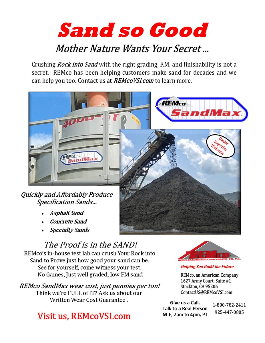 REMco_VSI's tweet photo. Sand is the most used building material in the world with 40 to 50 billion tons consumed annually it second only to water.
Are you producing enough sand for your market? Crush rock into sand, with a REMco SandMax for pennies per ton.
#RockIntoSand #SandMax #SandSoGood #ManSand https://t.co/ExCjxJ8GT9