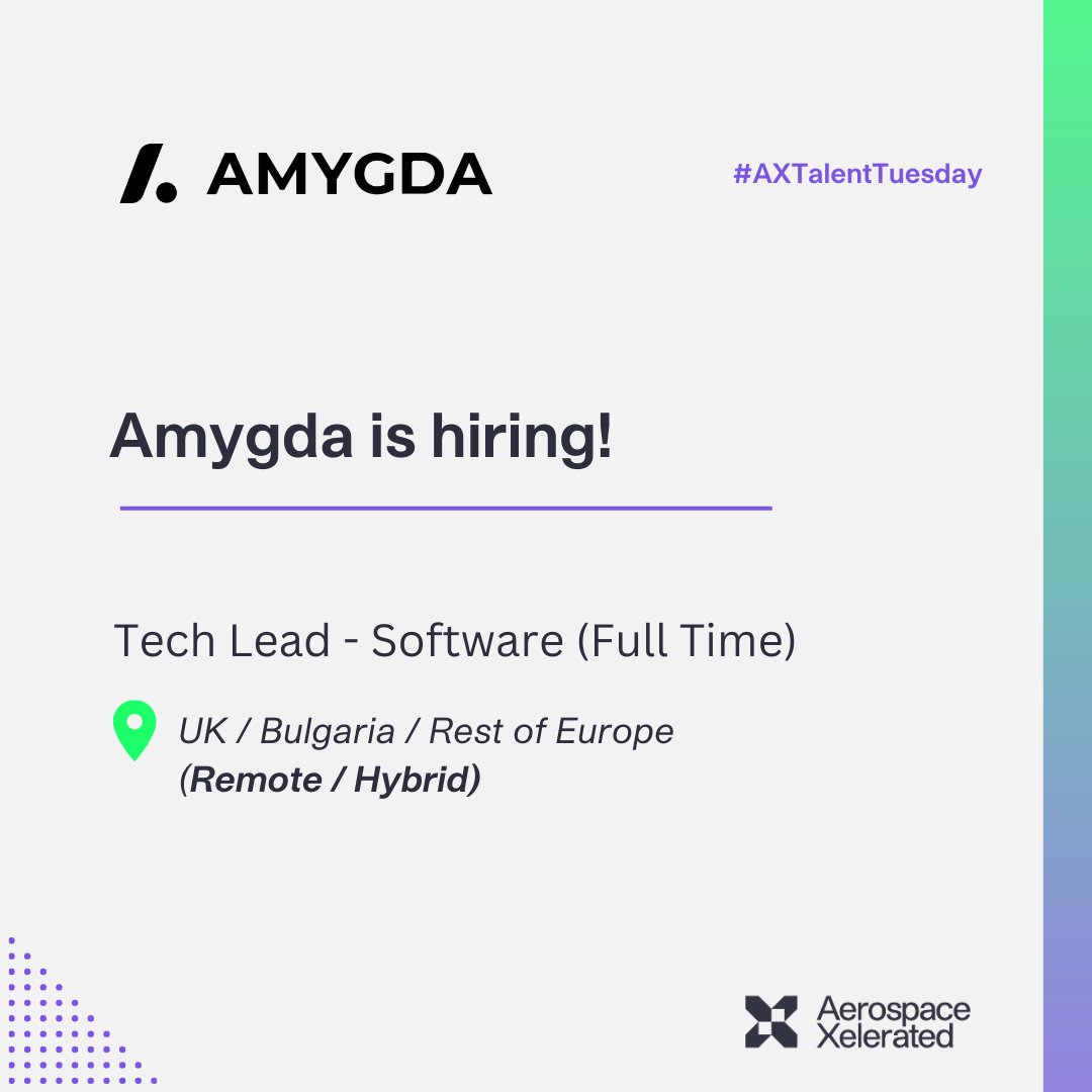 📣 Calling all job seekers 📣 It's #AXTalentTuesday! 

Our cohort 3 portfolio company <a href="/AMYGDA_ai/">AMYGDA</a> are looking to hire a full-time Tech Lead 🚀

Job title: Tech Lead, Software
Location 📍 UK/Bulgaria/Rest of Europe (Remote/Hybrid)

Apply 👉 bit.ly/4dGYhsB

#hiringnow #AX