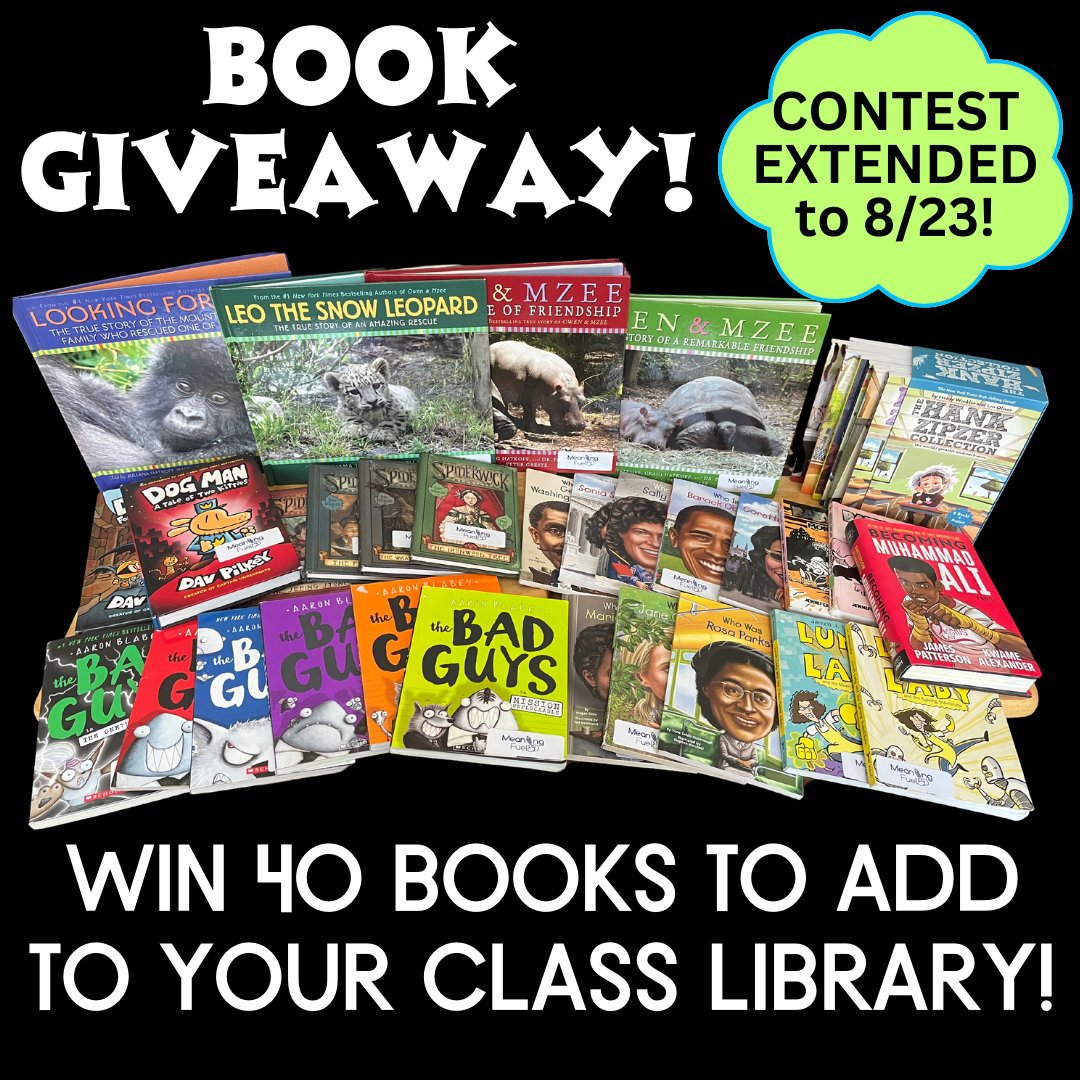 MeaningFuelEd's tweet photo. Book giveaway extended to 8/23! 

Looking for a classroom library refresh? Add 40 books to your library! Featuring favorites like Dog Man, The Bad Guys, Hank Zipper, Lunch Lady, Who Was?, and more!

How to enter:
💫 Like and repost 
💫 Follow us 

#teacher #backtoschool https://t.co/FA66UiWNz6