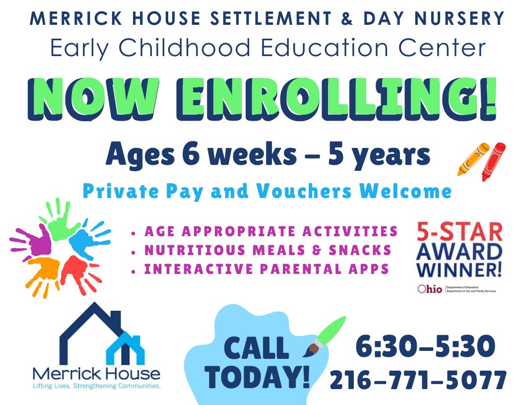 Merrick House (@merrickhouse) on Twitter photo Enrollment is officially open for Merrick House's Early Childhood Education Program, which takes place Monday-Friday 6:30AM-5:30PM. To register your child, please call 216-771-5077 or contact Early Childhood Education Director Dezaray Polk, 216-0339-1933/dezarayp@merrickhouse.org Enrollment is officially open for Merrick House's Early Childhood Education Program, which takes place Monday-Friday 6:30AM-5:30PM. To register your child, please call 216-771-5077 or contact Early Childhood Education Director Dezaray Polk, 216-0339-1933/dezarayp@merrickhouse.org