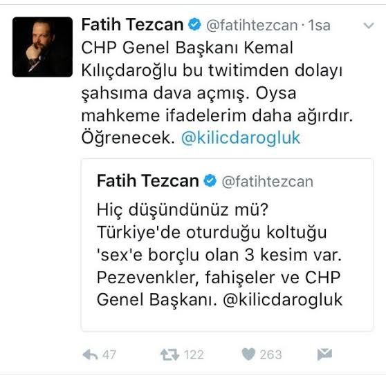<a href="/kilicdarogluk/">Kemal Kılıçdaroğlu</a> Cumhurbaşkanına ve onu sevenlere hakaret etmek “düşünce” mi oluyor bay Kemal? Madem ki düşünce o halde <a href="/fatihtezcan/">Fatih Tezcan</a> ı bu düşüncesinden dolayı niye hapse attırdın?