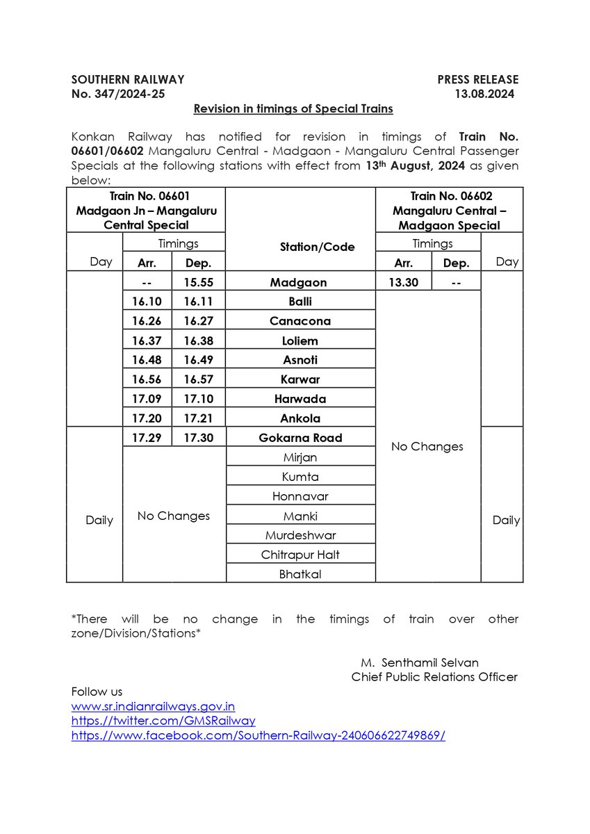Konkan Railway has notified for revision in timings of Train No. 06601/06602 #Mangaluru Central - #Madgaon - Mangaluru Central Passenger Specials at the following stations with effect from 13th August, 2024. Passengers, kindly take note.

#SouthernRailway #RailwayUpdate