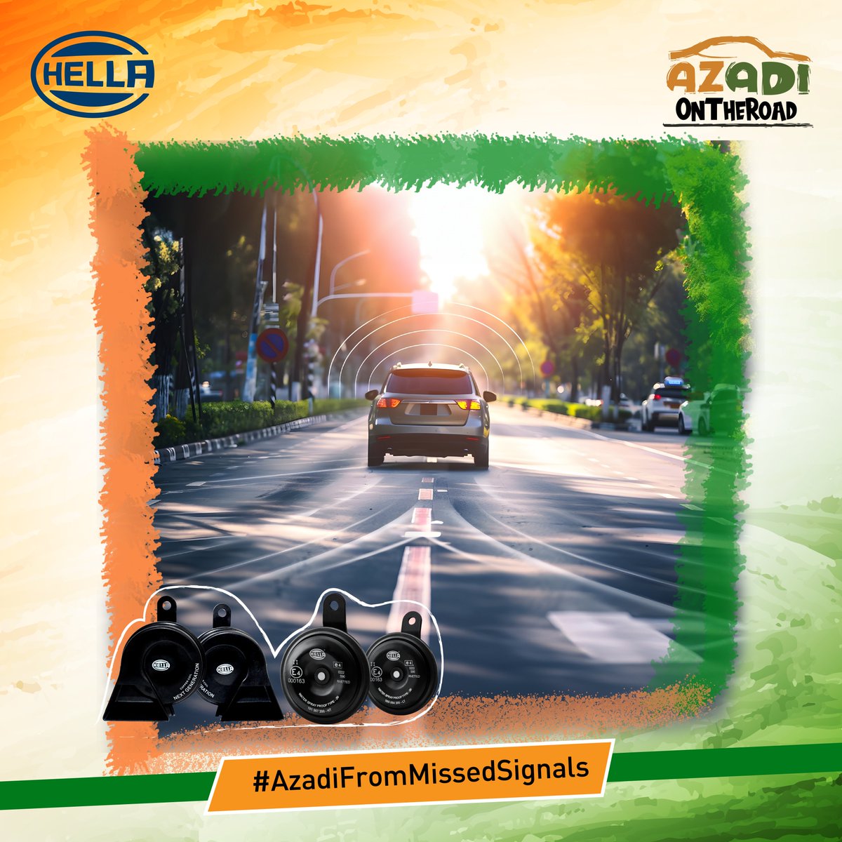 Hella_India's tweet photo. Speak up on the road with confidence. HELLA Horns gives you the freedom to be heard.

#AzadiOnTheRoad #AzadiFromMissedSignals #IndependenceDay #DriveToFreedom #Freedom #HELLAIndia #BrakePads #AutomotiveExcellence #DriveFreely #Azadi https://t.co/oVdAEVlOXc