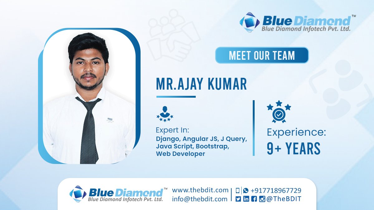 Meet Our Team

#teammember #meetourteam #employeespotlight #business

𝐑𝐞𝐚𝐜𝐡 𝐔𝐬 :
🌐 : thebdit.in
📧 : info@thebdit.com
☎️ : +917700091613
🗨 : +91 77189 67729 WhatsApp
🏢 : 𝐁𝐥𝐮𝐞 𝐃𝐢𝐚𝐦𝐨𝐧𝐝 𝐈𝐧𝐟𝐨𝐭𝐞𝐜𝐡 𝐏𝐯𝐭. 𝐋𝐭𝐝.