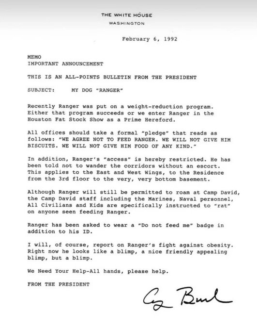 That time George Bush Sr’s dog got so fat, that, in 1992, the president had to send this memo to all White House staff.