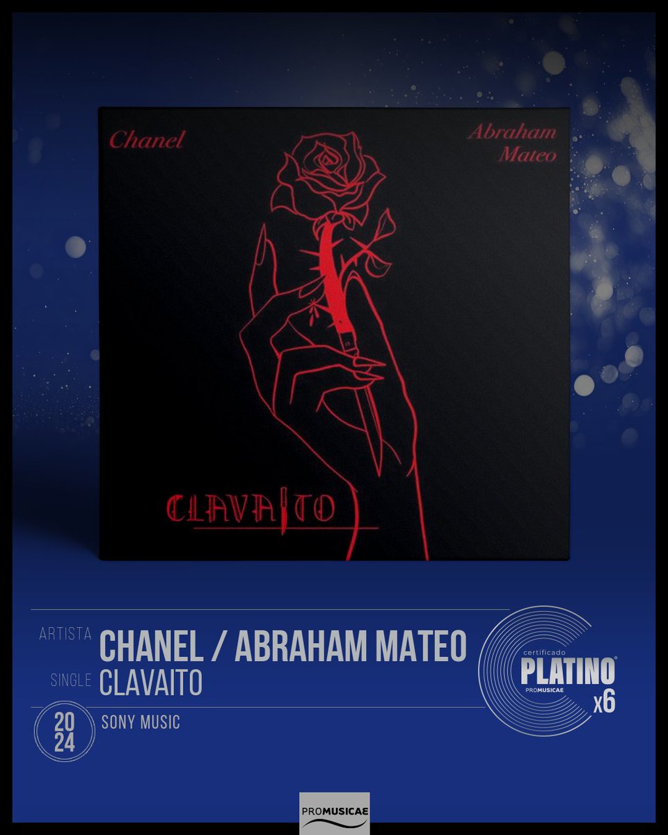 CERTIFICADO
#ChanelTerrero junto a <a href="/AbrahamMateo/">Abraham Mateo</a> con la canción: "Clavaito" se sitúa en el 🔝  1️⃣0️⃣0️⃣ de la Lista Oficial #Top100Canciones elportaldemusica.es/lists/top-100-… y logra su sexto #DiscoDePlatino 💿💿💿💿💿💿 ¡Enhorabuena! 👏👏