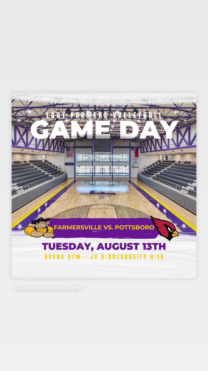 IT IS GAME DAY IN FARMERSVILLE!! The first ever game will be played in the Arena Gym tonight! JV teams will play at 5, followed by Varsity at 6:15. Come show your support and wear your purple! #GRIT #UNLEASH 

Ticket Link: events.ticketspicket.com/agency/b7029d7…
