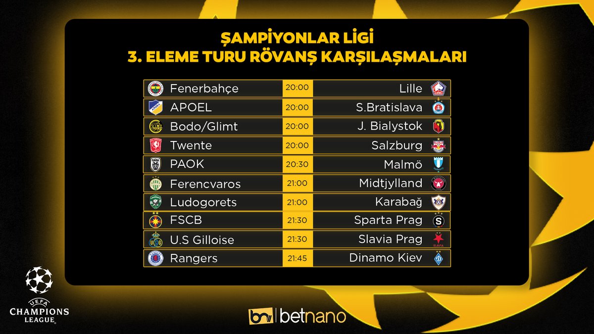 ŞAMPİYONLAR LİGİ 3. ELEME TURU RÖVANŞ KARŞILAŞMALARI!

🏆 #BETNANO, Şampiyonlar Ligi'nde en yüksek oranlarla bahis yapmanız için tek adres. Ayrıca, tüm maçları canlı izlemek için Betnano TV her zaman yanınızda!