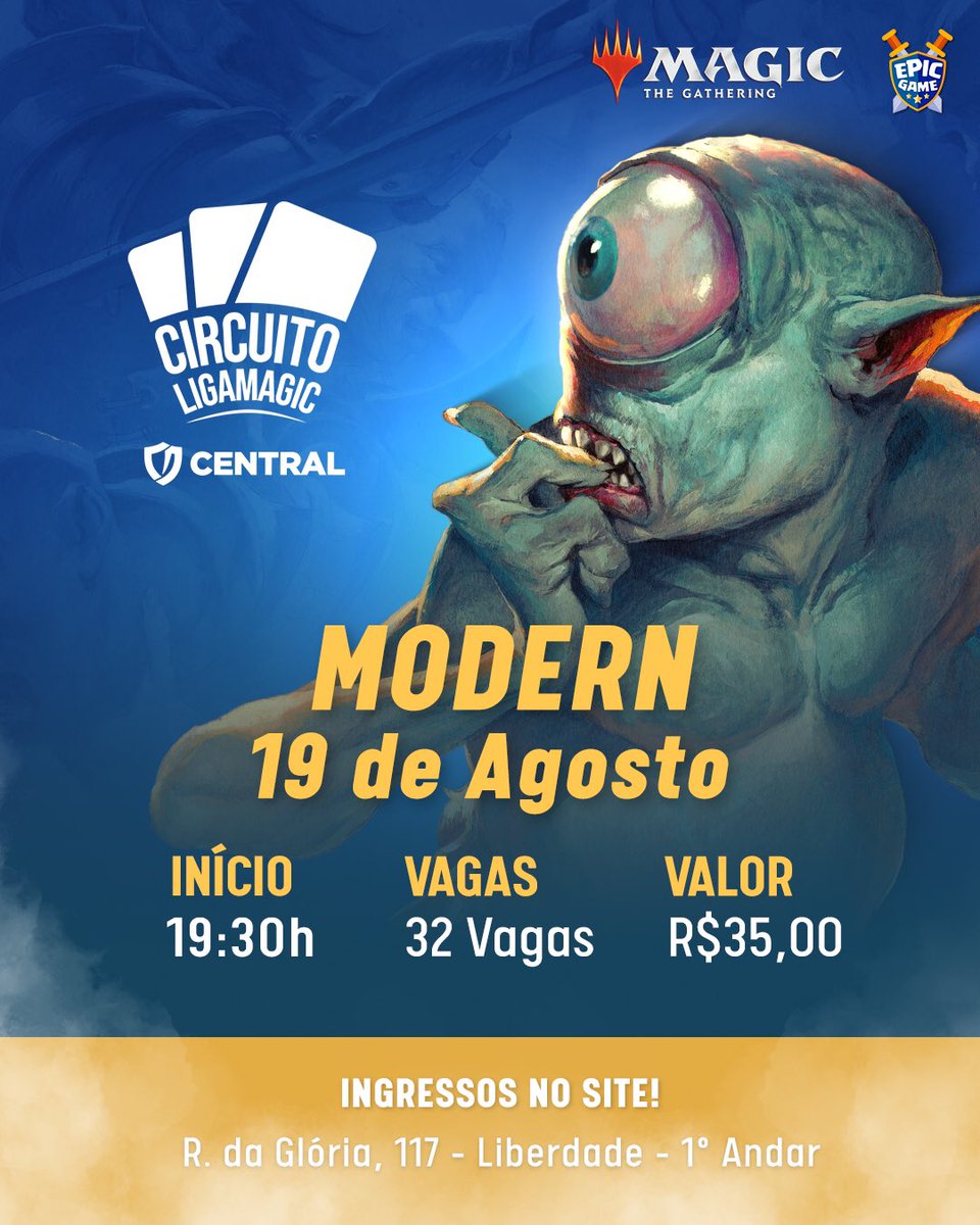 🚨Primeiro torneio na Epic do Circuito Liga Magic, acontecerá nessa segunda (19 de agosto) no formato Modern!

Teremos premiações extras além de créditos na loja 🔥

Ingressos disponíveis no site! 🎟️

epicgame.com.br/?view=ecom/ite…