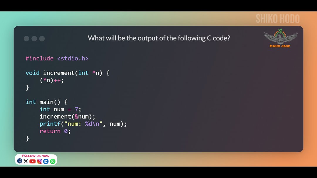 mahojase's tweet image. Pointers as function parameters! Can you see how this affects the variable?
.
.
.
#CProgramming #Pointers #FunctionParameters #CodeChallenge #IntermediateC