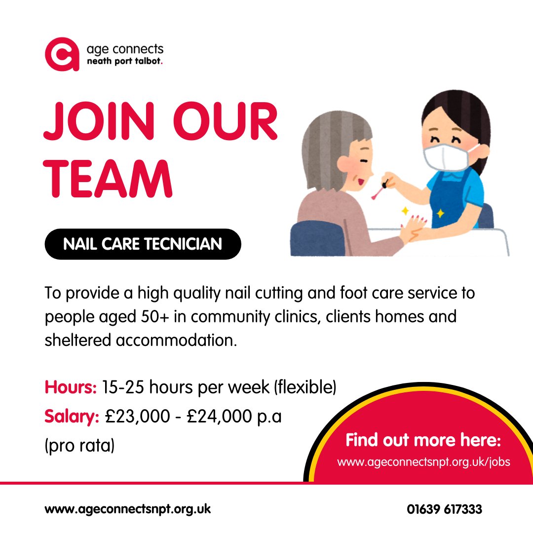🌟 JOB VACANCY 🌟 Footcare Technician (Nail Cutting Service)

📍Neath
⌛15-25 hours per week (flexible, working pattern to be discussed)
💰£23,000 - £24,000 per annum (pro rata)

For more information about the role and how to apply: ageconnectsnpt.org.uk/foot-care-tech…