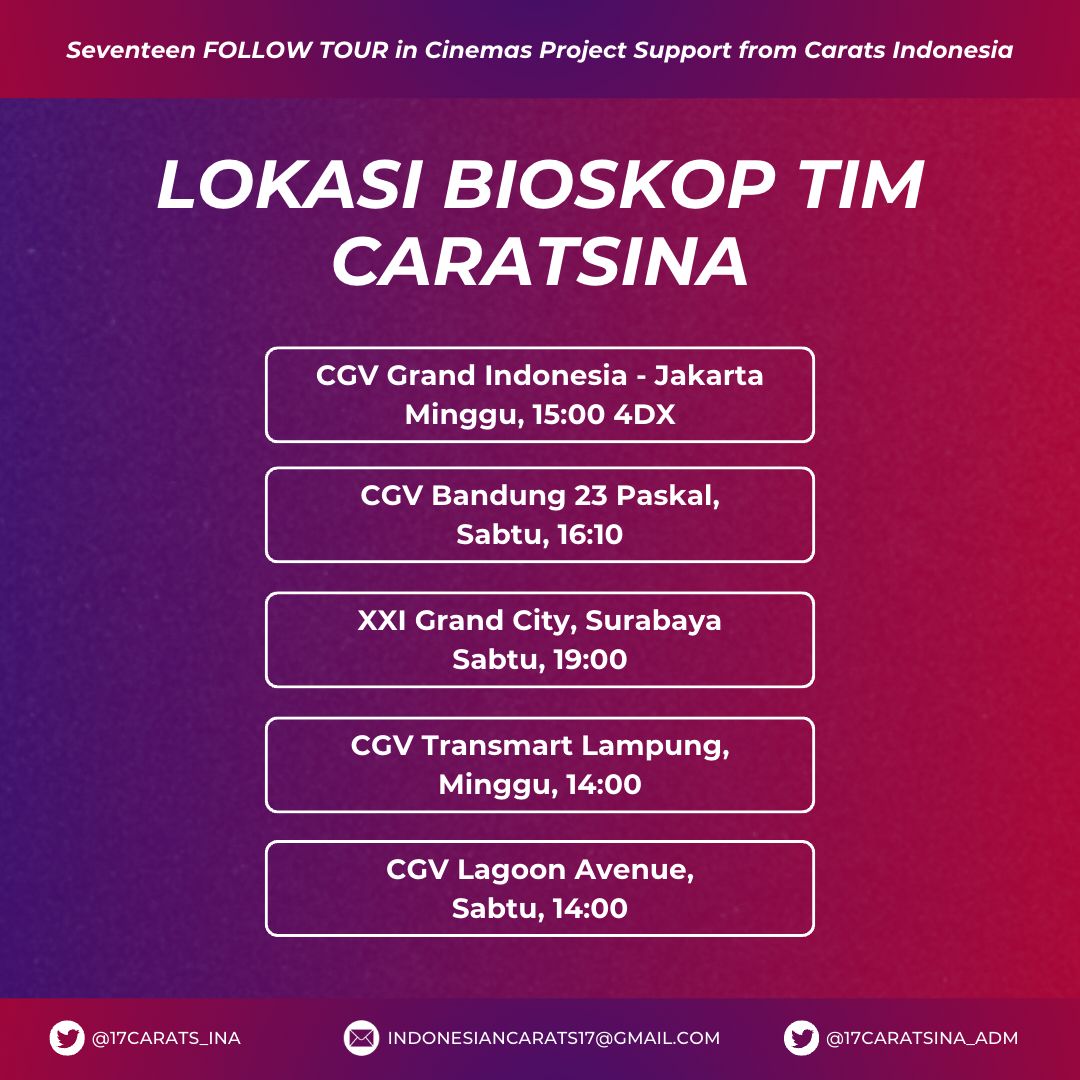 [#PROJECT] Berikut ini detail representatif untuk SEVENTEEN FOLLOW AGAIN To Cinemas Project Support from CARATs INDONESIA

🗓️ 21-25 Agustus 2024
📍Tertera di gambar sesuai daerah masing-masing 

<a href="/pledis_17/">세븐틴(SEVENTEEN)</a> #SEVENTEEN #세븐틴