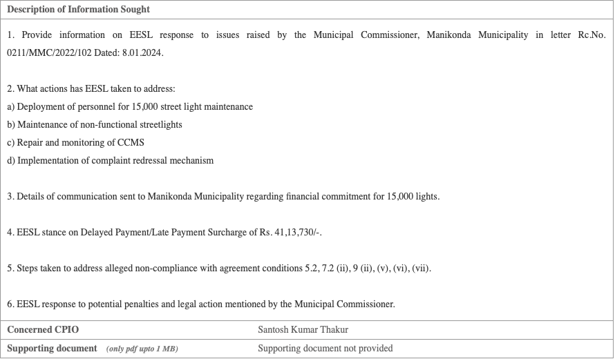 ManaManikonda's tweet photo. EESL Office refuses to provide information on @ManikondaMc letter raising concerns with O&amp;M, and grievance redressal issues. Should @PrlsecyMAUD consider cancelling the agreement with  @EESL_India  for all ULBs?? @revanthreddy @CEO_EESL @sudhakarudumula @KVishReddy https://t.co/S6ZauhuJRS