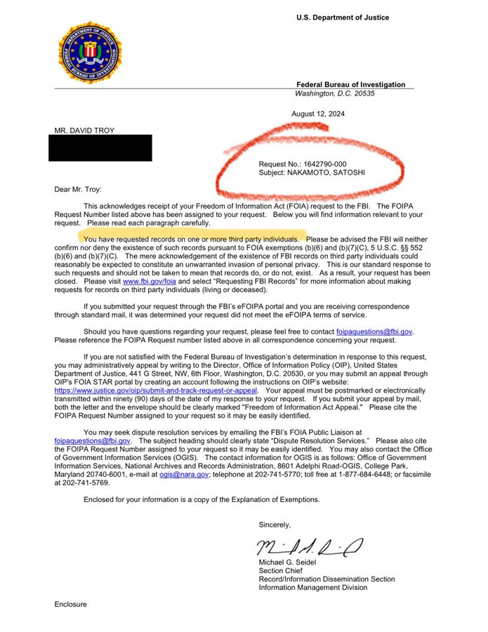 Demande FOIA sur Satoshi Nakamoto émis par Dave Troy 