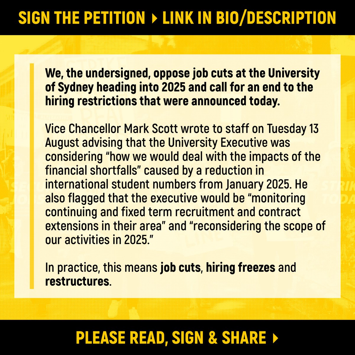 SydneyFight's tweet photo. Sydney Uni announced today that they will be "reconsidering the scope of [their] activities in 2025" and are now restricting hiring. After three years of massive surpluses, we're calling on Management to ensure there are no cuts to jobs!
SIGN THE PETITION: https://t.co/xOCcbUFT6J https://t.co/BXcfmePeJ9