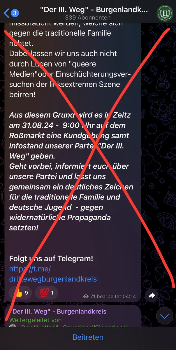 Jetzt hat die neonazistische Kleinpartei „III. Weg“ ihre Gegendemo offiziell kundgetan. Letztes Jahr war unser CSD schon von massiven Übergriffen betroffen. Dieses Jahr ist die Gefahr viel höher! Kommt alle nach Zeitz! Seid mit uns laut und sichtbar! #zz3108 #bz1008 #le1708