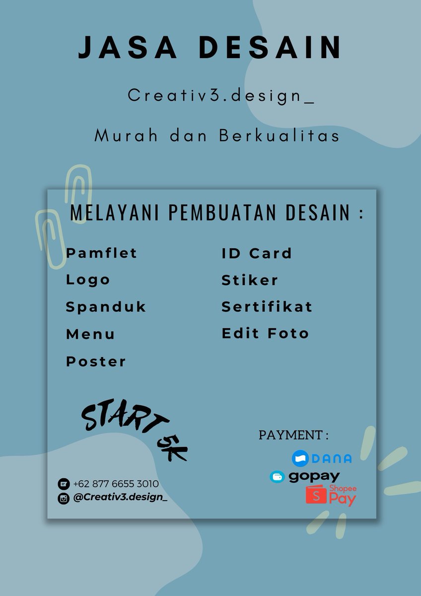 Creativ3Design_'s tweet image. Tersedia desain
START 5K‼️
• Pamflet
• Logo
• Poster
• Sertifikat 
• Bisa custom,dll
Pembayaran via Dana,Gopay,Spay💰
BISA CHAT DETAIL  DISINI  KAKKK 💌👇🏻
wa.me/6287766553010

#zonauang
#ZonaBA #Zonajajan