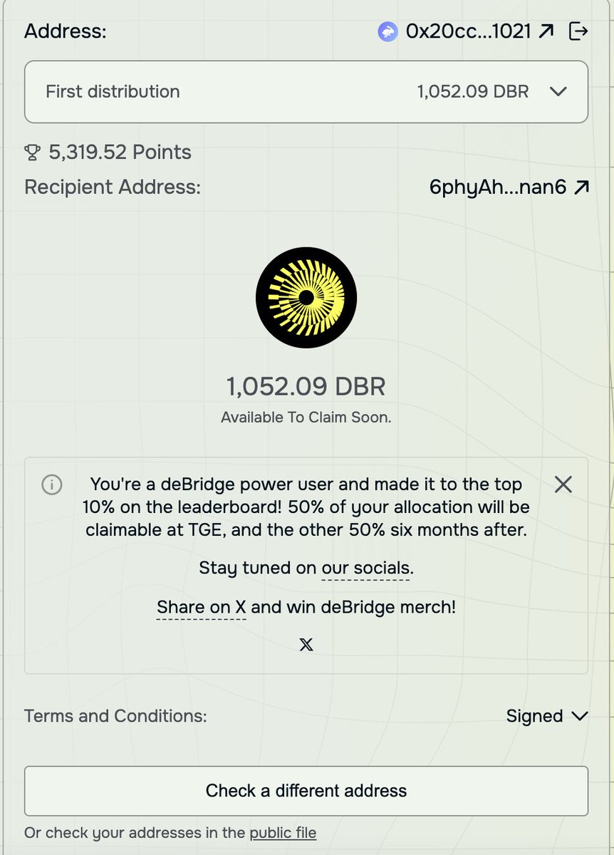 Phan (@johnnyphanjp) on Twitter photo Check your $DBR airdrop allocation here.
debridge.foundation
#debridge
@deBridgeFinance
<a href="/deBridgeFdn/">deBridge Foundation</a> Check your $DBR airdrop allocation here.
debridge.foundation
#debridge
@deBridgeFinance
<a href="/deBridgeFdn/">deBridge Foundation</a>