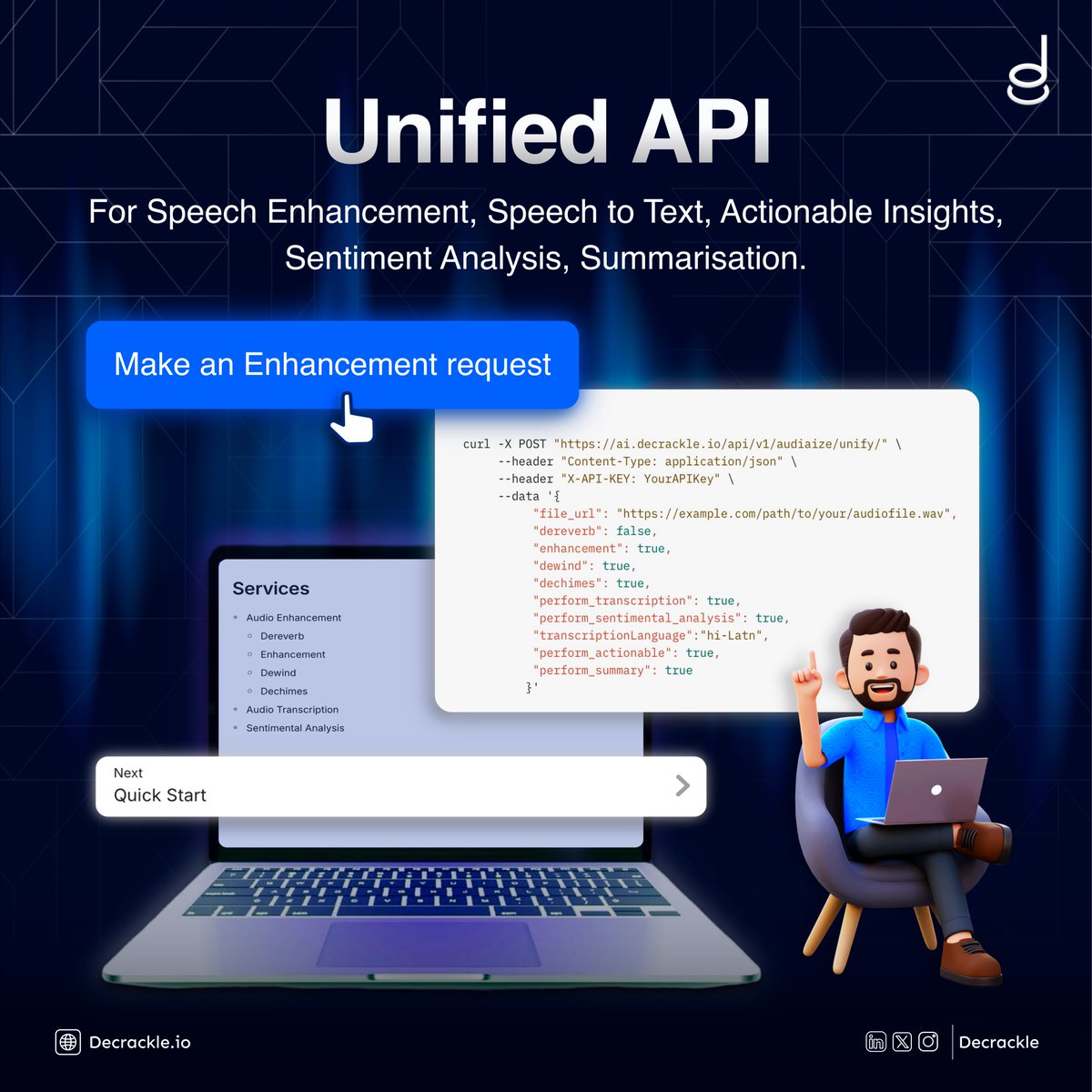 decrackle's tweet photo. Seeking a unified API for Speech Enhancement, Speech to Text, Actionable Insights, Sentiment Analysis, Summarisation- let's make it happen! 
 
Visit our website https://t.co/M2RDqcNDx4 and make an enhancement request
 
#EnhancementRequest #UnifiedAPI #speechtotext https://t.co/cJOKjC56re