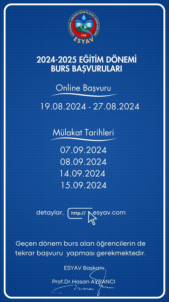 Sevgili gençler ve kıymetli aileler, Yükseköğretim Kurumları 2024 yerleştirme sonuçları belli oldu.
Tüm gençlerimizi tebrik eder, sonuçların hayırlı olmasını dilerim.
Kamuya Yararlı ESYAV Vakfımızın 1500-2000 burs başvuruları başlıyor. 
Bilginize... <a href="/esyav_/">ESYAV</a> <a href="/sinanaksu/">Sinan Aksu</a> <a href="/erolozvar/">Erol Özvar</a>