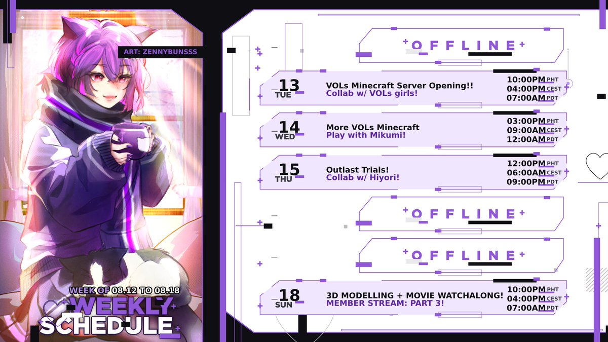 AngyCatto_'s tweet photo. γ β¦ YT WEEKLY SCHEDULE β¦ γ
π
08.12 - 08.18
VOLs Minecraft Grand Opening! Outlast Trials Collab w/ Hiyori! and Continuation Member Stream of 3D Modelling of Angy~! πβ¨
πTAGSπ’
General: #AngyCatto
FanName: #Purritos
Art: #AngyArtoLIVE
Clips: #AngyLiveClips
Memes: #AngyKEKW
EndStream: #OtsuAngy