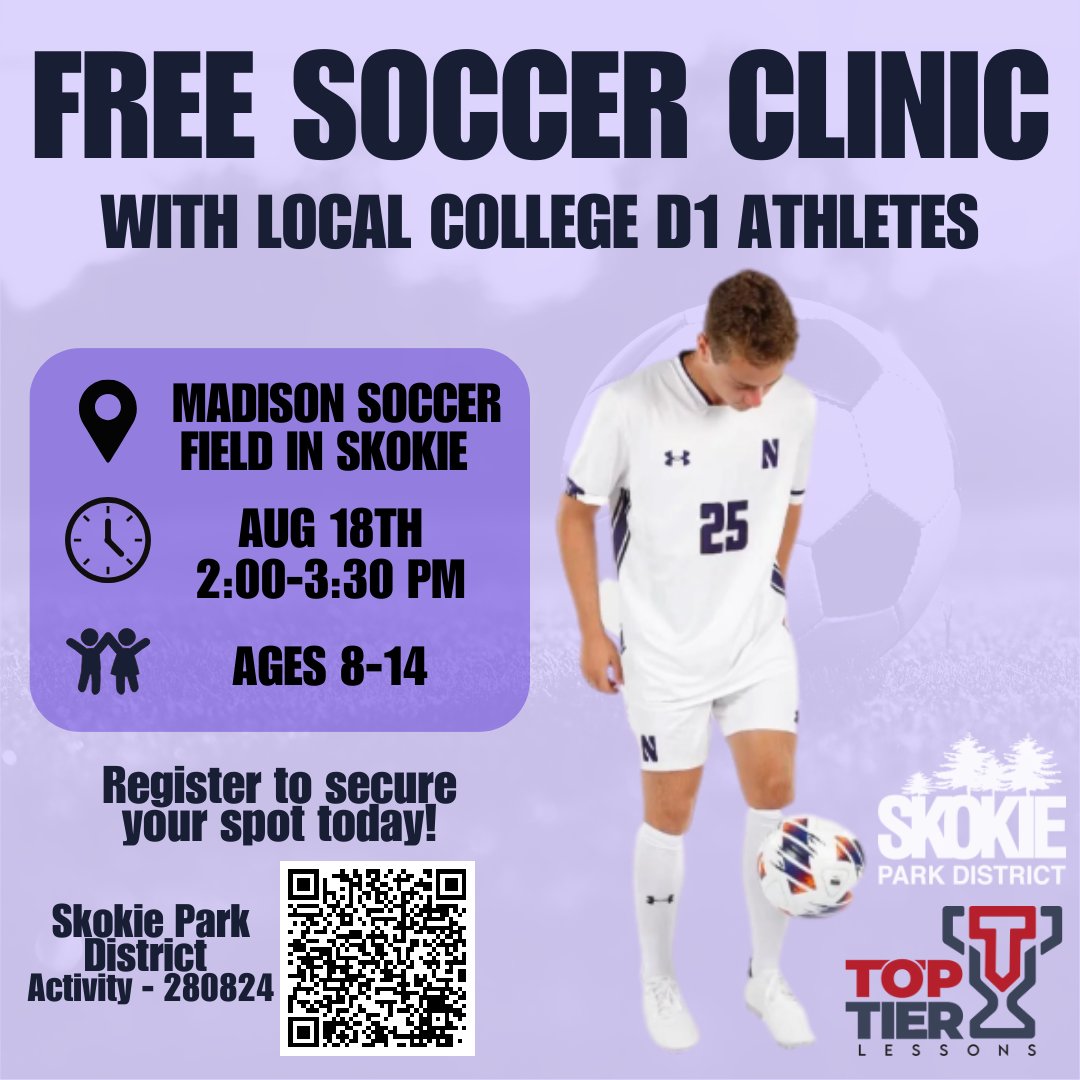 hpayso's tweet photo. Check out these upcoming events held by @toptierlessons / Top Tier Lessons : 1)  Free soccer clinic this weekend taught by @northwesternu players. 2) Free family event on Sept 7th -- meet local college athletes, check out booths from local businesses, and enjoy food trucks. https://t.co/spCUvyEr8H