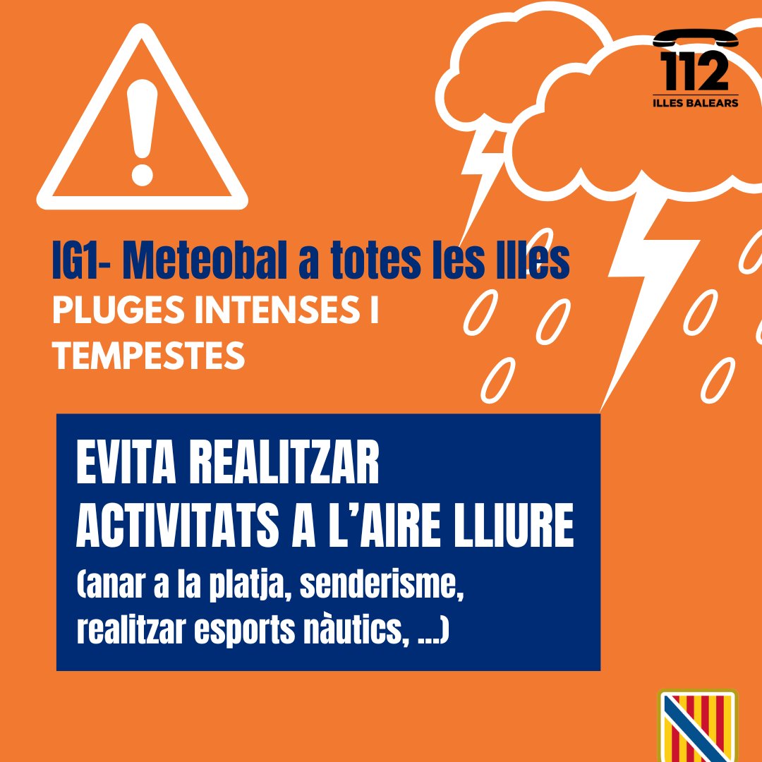 Emergencies_112's tweet image. 🟠Activat l&apos;Índex de Gravetat 1 (IG1) del pla Meteobal a totes les Illes per pluges i tempestes. 

MOLTA PRECAUCIÓ!
Estigueu molt atents i informeu-vos de la previsió del temps abans de realitzar qualsevol activitat a l&apos;exterior.