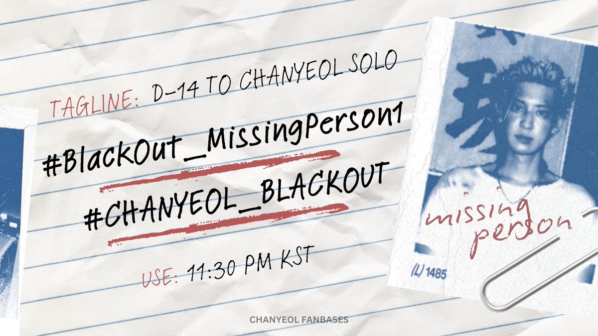 ChanyeolGlobal's tweet image. 🍒HASHTAG ANNOUNCEMENT🍒

Let’s celebrate #CHANYEOL’s SOLO ERA by trending the below hashtags on tonight’s teasers!👇

Tagline: D-14 TO CHANYEOL SOLO
#.BlackOut_MissingPerson1 
#.CHANYEOL_BLACKOUT

Use from 11:30PM KST onwards‼️

#CHANYEOL_BlackOut #찬열 @weareoneEXO