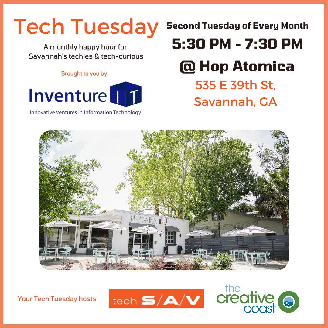 creativecoast: Today! Join us this evening, August 13, at Hop Atomica for TechTuesday at 5:30p! RSVP at thecreativecoast.org/event/tech-tue…. Thank you to our sponsor, InventureIT! 
x.com/creativecoast/…