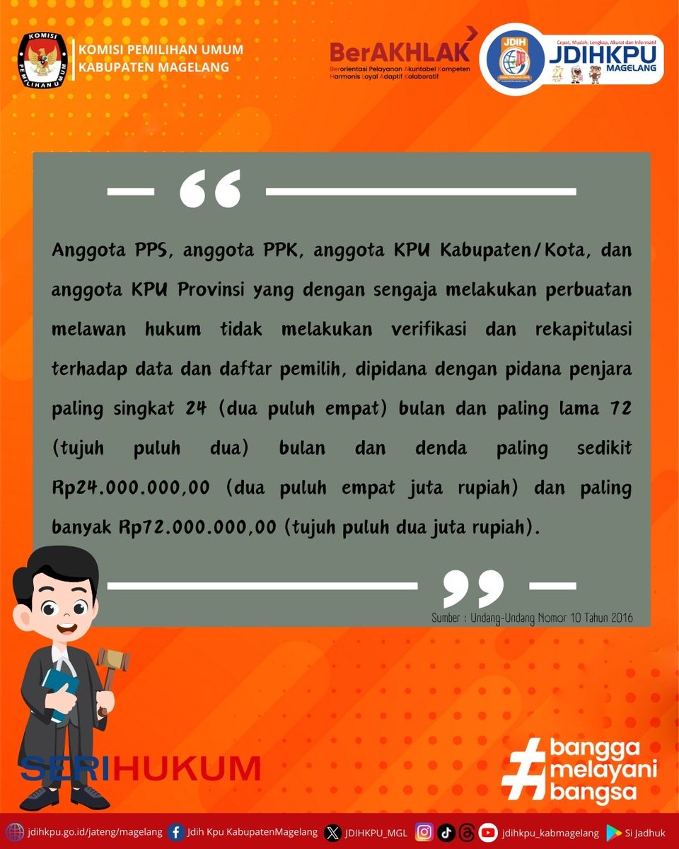 JDIHKPU_MGL's tweet photo. Hai sobat, #serihukum kembali hadir menyapa sobat semuanya nih. Kali ini Mimin akan mengajak sobat untuk mengetahui hukuman bagi anggota PPS, PPK, KPU Kabupaten/Kota, KPU Provinsi yang tidak melakukan verifikasi dan rekapitulasi terhadap data dan daftar pemilih.. https://t.co/TevlHee490