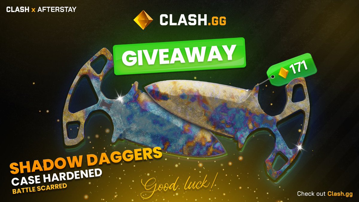 Afterstayy's tweet image. ANOTHA AFTERSTAY GIVEAWAY

Steps to join 👇 
 ✅ Follow @clashdotgg &amp;amp; @Afterstayy 
 ✅ Retweet 
✅ Tag 1 friend

‼️CASE HARDENED SHADOW DAGGERS BS (171 gems) 🙌