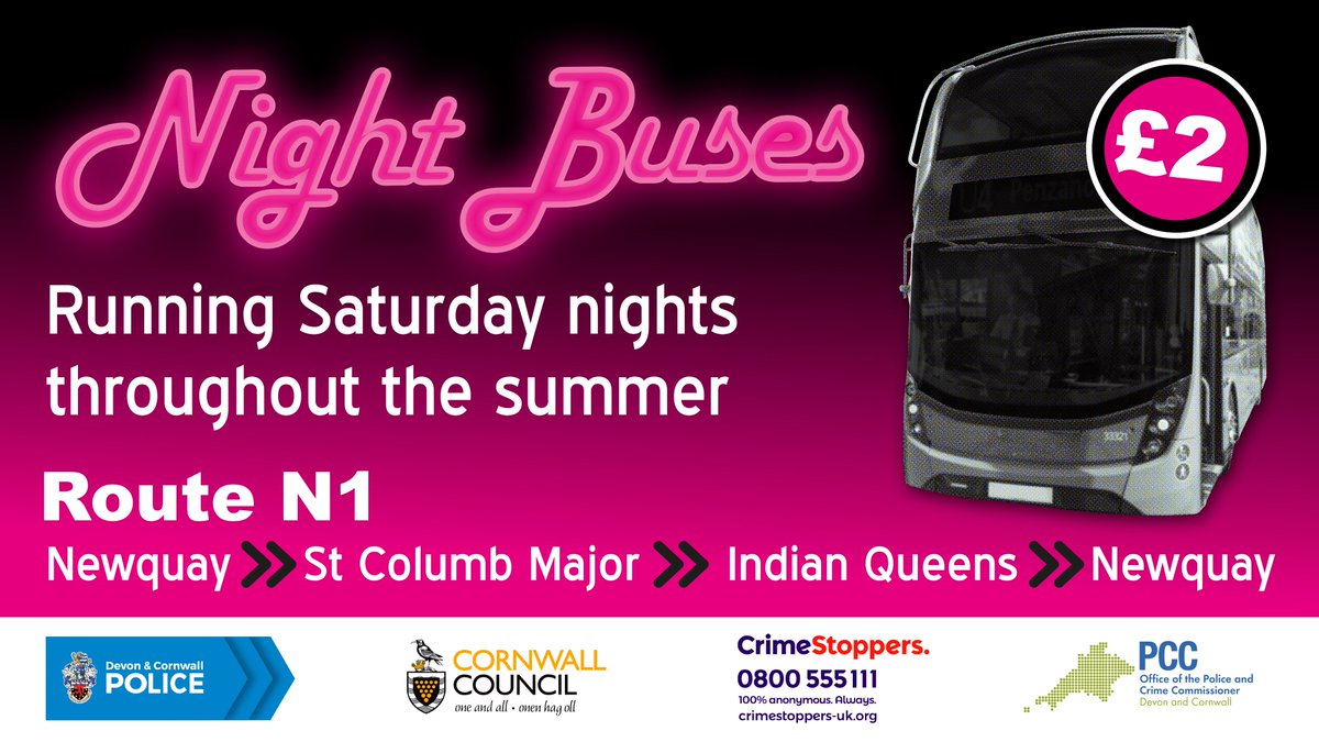As part of our commitment to tackle ASB, we’re pleased to be supporting the summer Night Bus in Newquay which offers party goers a safe lift home every Saturday night between 6 July &amp; 7 September.

To view the full timetable, visit: firstbus.co.uk/cornwall/plan-…