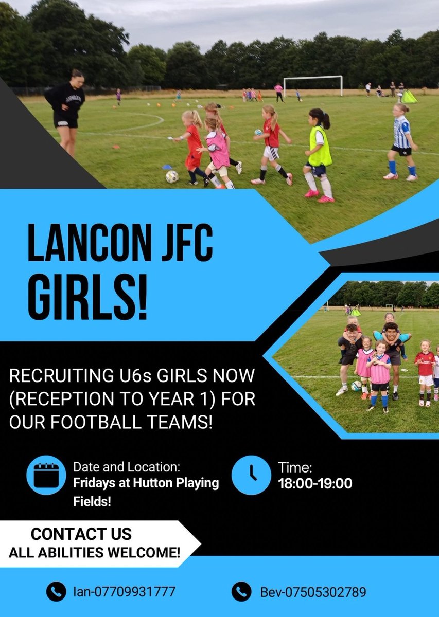 ⚽️Girls wanted⚽️

Girls in Reception and school year 1.

Come and join us if you would like to try football, want to have lots of fun and make fabulous new friends!!
Lanconjfc.com
<a href="/JfcLancon/">Lancon JFC</a>
<a href="/LancashireFA/">Lancashire FA</a>
<a href="/mlcjfl/">Mid Lancs Colts JFL</a>
#girlsfootball 
#lanconforlife