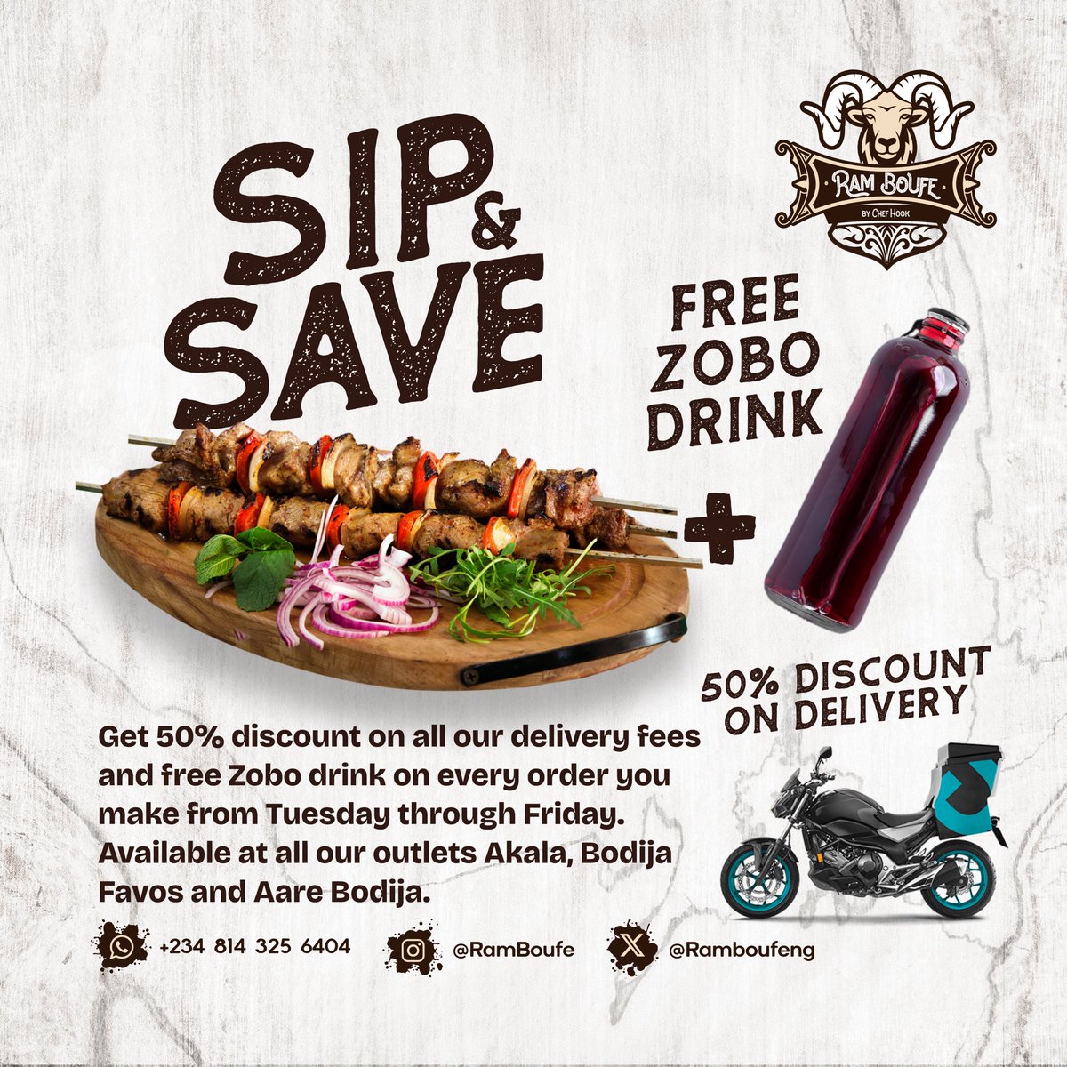 ramboufeng's tweet photo. Enjoy 50% off our delivery fees with a free chilled zobo drink on every other you make this week! 

Offer valid from today till Friday. 

Sip and Save with Ram Boufe Today!

Which meal on our Menu will you be ordering for today? Send A DM to order now

#ramboufe #fooddeals #NYSC https://t.co/UwJWRpTFHD