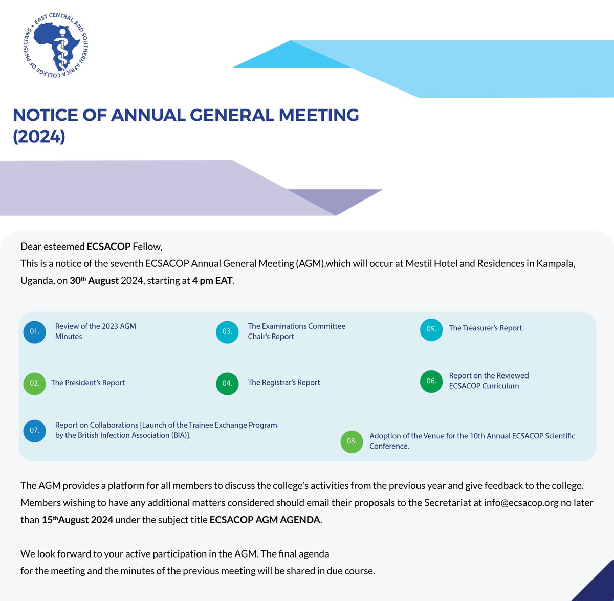 Esteemed fellows!  you are invited to the Annual ECSACOP AGM on August 30, 2024, at Mestil Hotel &amp; Residences in Kampala, Uganda