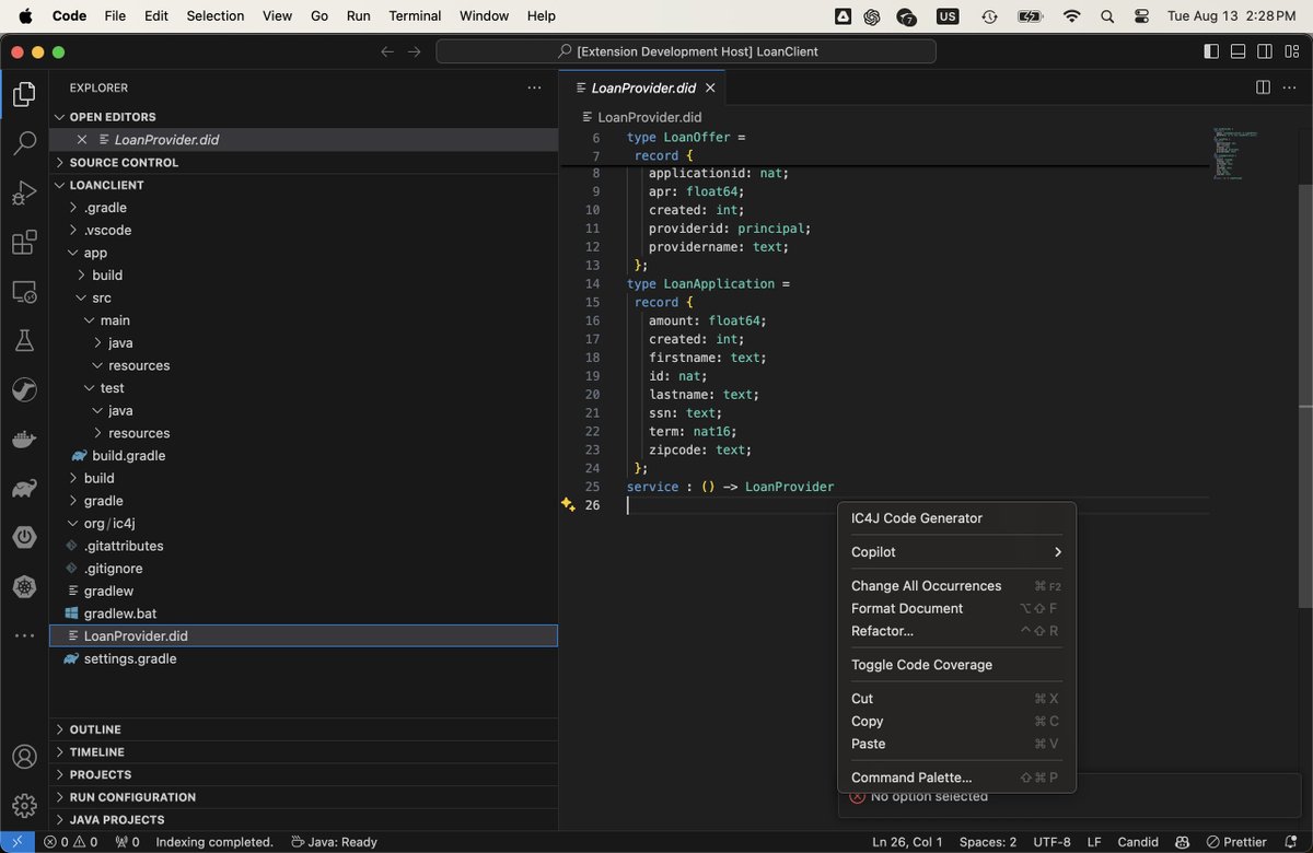 ic4java's tweet image. Working on a Visual Studio Code extension for the IC4J Code Generator, which generates Java artifacts from Candid IDL files. This extension supports Java, Spring, and React Native applications that connect to the Internet Computer Protocol (#ICP). An early functional version is…