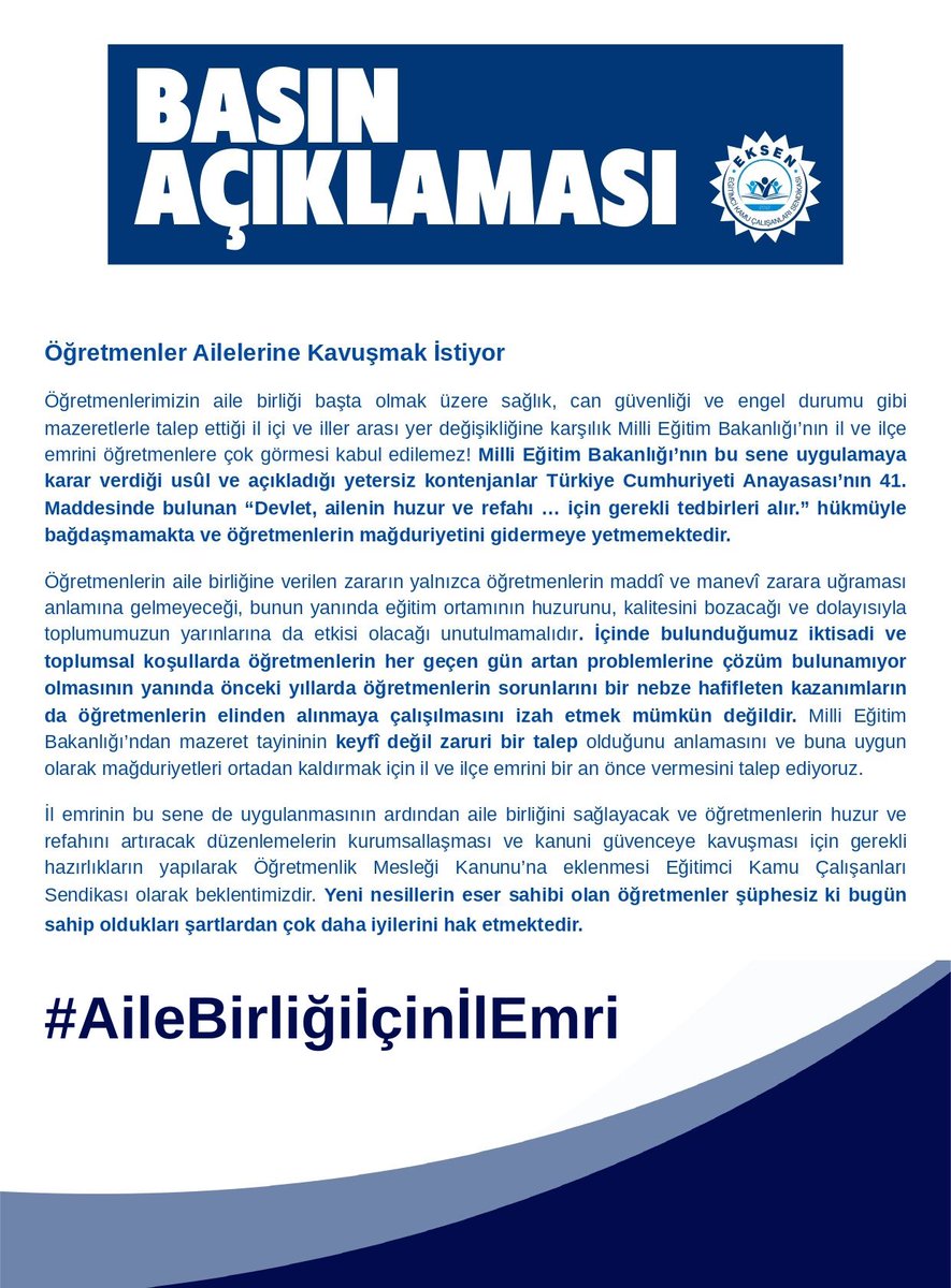 “Öğretmenler Ailelerine Kavuşmak İstiyor”

Öğretmenlerimizin aile birliği başta olmak üzere sağlık, can güvenliği ve engel durumu gibi mazeretlerle talep ettiği il içi ve iller arası yer değişikliğine karşılık Milli Eğitim Bakanlığı’nın il ve ilçe emrini öğretmenlere çok görmesi