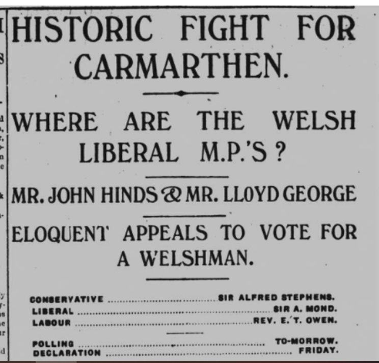 WelshMemorials's tweet photo. An interesting item in the Western Mail from a 100 years ago today (13 August 1924) regarding the by-election campaign in Carmarthen. The seat’s previous MP, John Hinds had argued in 1922 that the seat should be held by a Welshman … 1/2 https://t.co/GOME4jJDY5