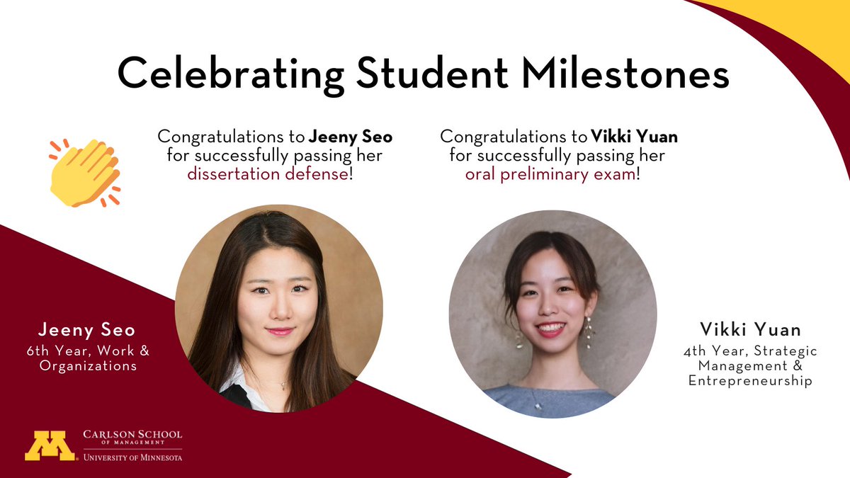 csom_phd's tweet image. Celebrating the success of our PhD students! Recently, SME student Vikki Yuan completed her oral prelim, and WOrg student Jeeny Seo successfully passed her dissertation defense! Your commitment and passion have led you to this fantastic achievement. Keep shining! #phd #csom